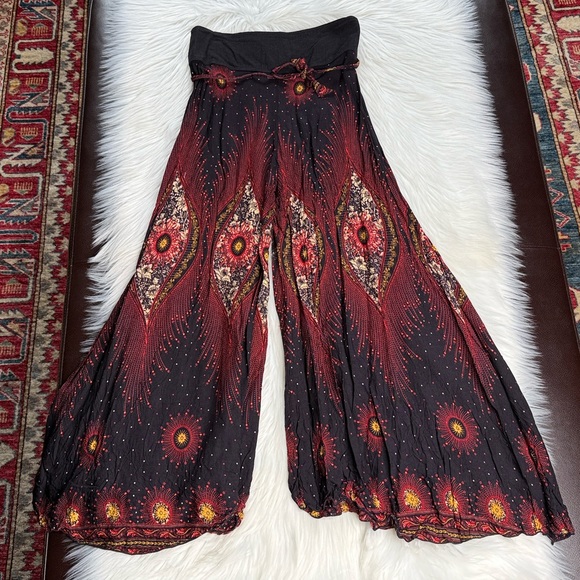 Pants - Maroon and Black Paisley Bohemian Wide Leg Pants